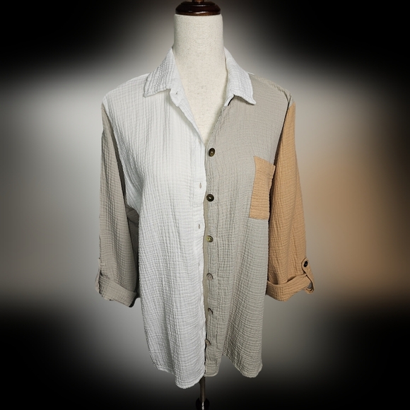 Shannon Passero Colorblock Button Up Gauzy 100% Cotton Shirt.  Tan Cream.  Lg - Picture 7 of 13